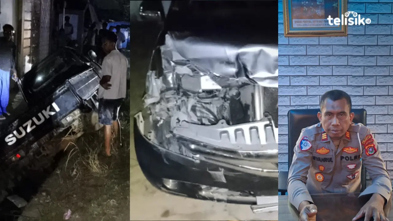 Mobil minibus yang dikendarai oleh pasturi tampak ringsek dan pick up jatuh ke parit usai ditabrak. Foto: Thamrin Dalby/Telisik.