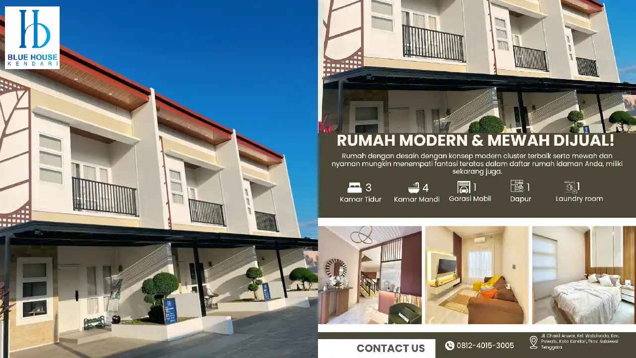 Perumahan Blue House Kendari tawarkan hunian modern dengan one gate system, keamanan 24 jam, serta promo bebas biaya di bulan September. Foto: Admin Blue House.