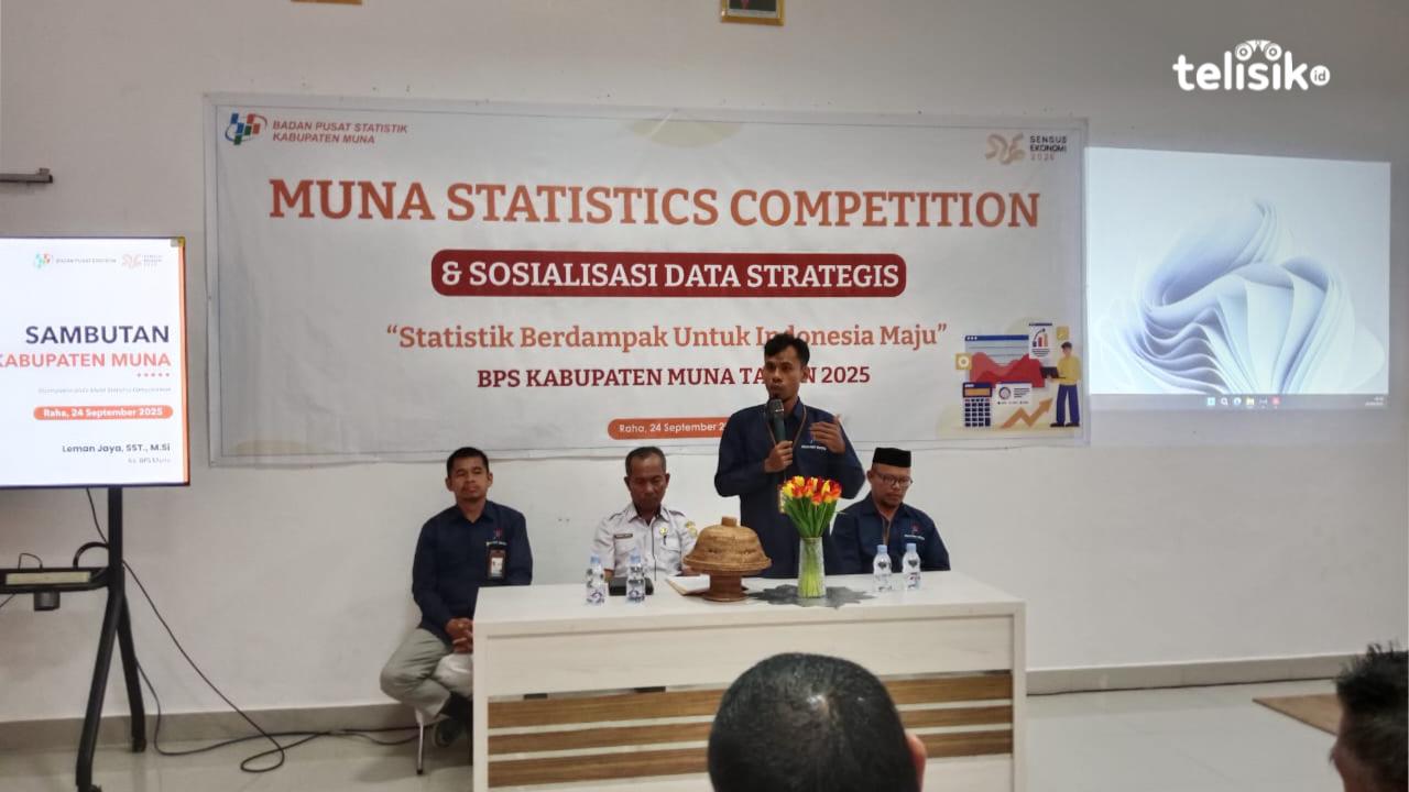 Kepala BPS Muna, Leman Jaya, saat membuka kompetisi statistika tingkat pelajar SMA atau sederajat di Kota Raha, Ibu Kota Kabupaten Muna, Rabu (24/9/2025). Foto: Sunaryo/Telisik