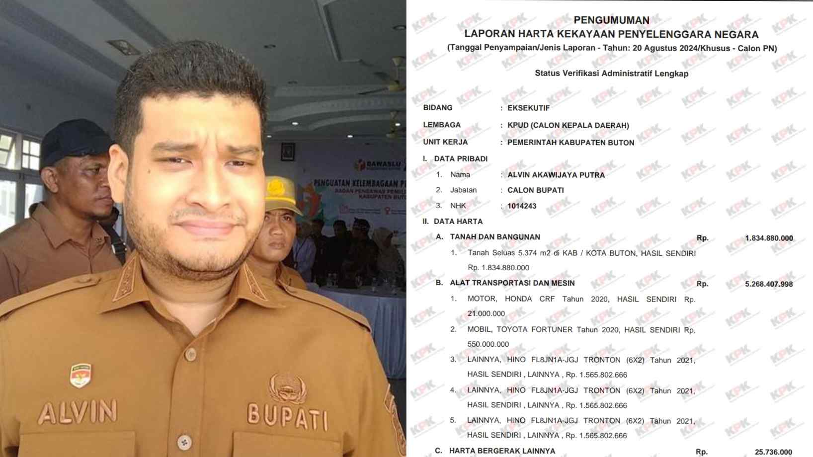 Alvin Akawijaya Putra dilaporkan hilang sebulan, siap dipanggil Mendagri, harta kekayaannya capai Rp 9 miliar. Foto: Kompas/Elhakpnkpk