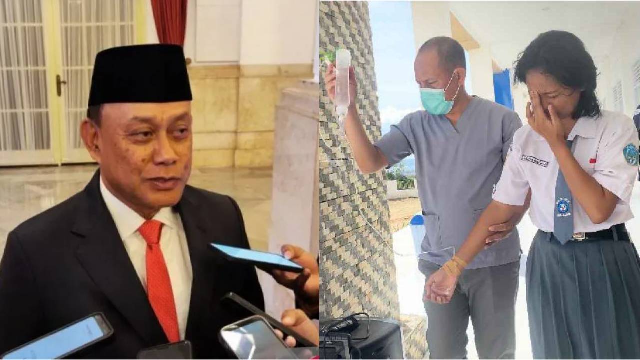 Kepala BGN, Dadan Hindayana (kiri), seorang siswi yang hendak dirujuk ke puskesmas usai mengkomsumsi menu MBG, Selasa (16/9/2025). Foto: Repro Antara, Elfinasari/Telisik.