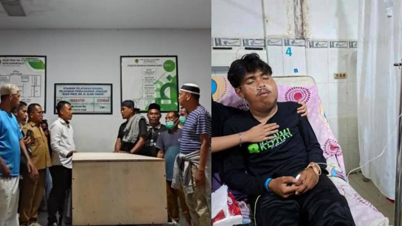 Suasana keluarga dan teman kampus Muhamad Jeksen di RSUD Aloei Saboe (kiri). Jeksen tengah mendapatkan perawatan sebelum dinyatakan meninggal dunia (kanan). Foto: Repro Tribunnews/Ist.