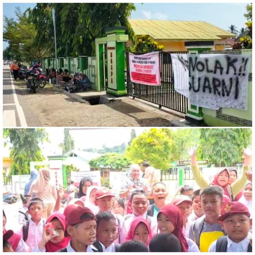 Spanduk bertuliskan penolakan terhadap eks Kepsek SDN 4 Ngapa, Suarni oleh warga dan wali murid. (atas) aksi protes wali siswa beserta murid SDN 4 Ngapa di depan gerbang masuk sekolah. (bawah). Foto: Muh. Risal H/Telisik