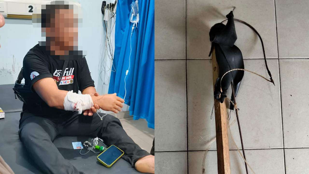 Barang bukti busur panah ikan yang di pakai pelaku DN (53) menembak saudaranya Anhar (korban) hingga membuat korban dilarikan ke Rumah Sakit Konawe. Senin, (17/11/2025).