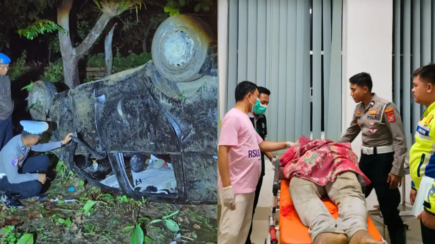 Mobil Randis Muna Barat bermerek Wulling Canfero terguling di Jalan Poros Lakapodo Muna dan pengemudi bernama La Halimin meninggal di tempat. Foto: Ist.