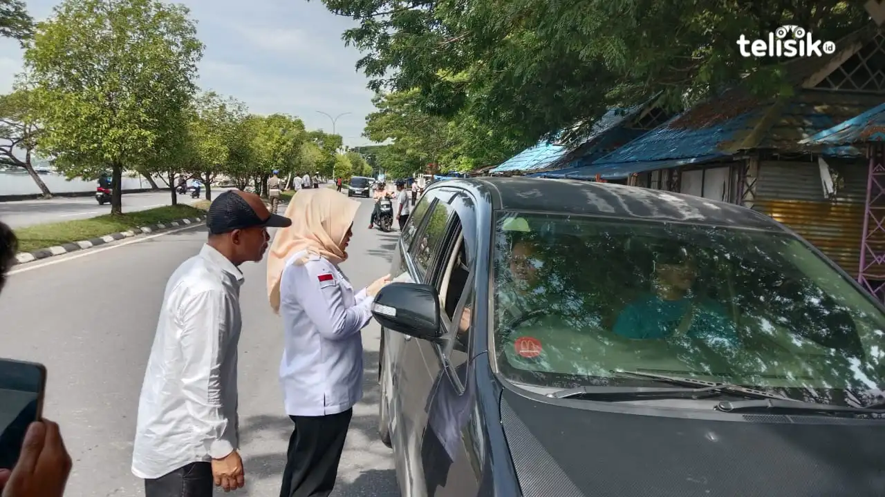 Kepala UPTB Pengelolaan Pendapatan Provinsi Sulawesi Wilayah Kota Kendari, Elly Fitriaty tengah memeriksa berkas kepatuhan pajak kendaraan salah satu pengemudi mobil di Jalan H. Alala, Kenari Barat. Rabu (19/11/2025) Foto: Hamlin/Telisik.