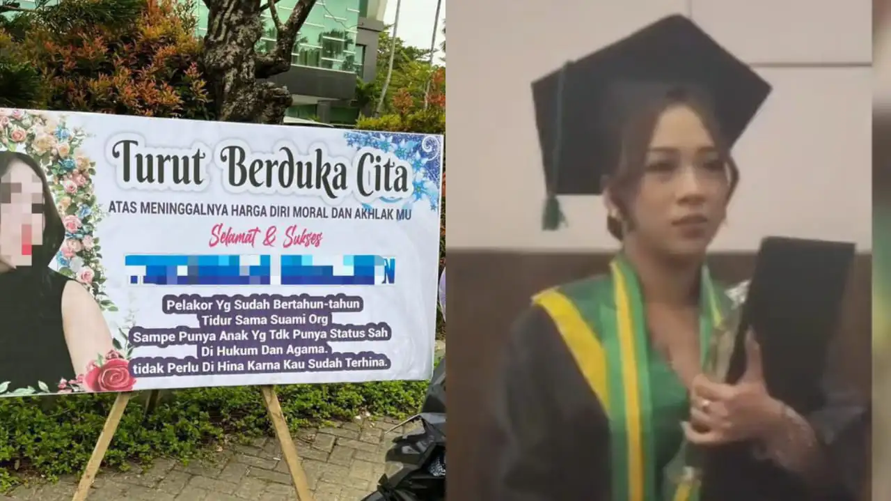 Karangan bunga yang berisikan sindiran yang ditujukan kepada wisudawati STIE 66 Kendari  (kiri) dan TA saat mengikuti prosesi wisuda di Hotel Claro Kendari. Foto: Ist.