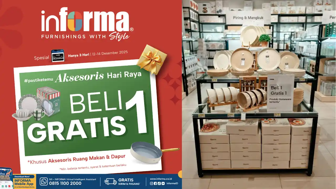 Informa Kendari menghadirkan promo beli 1 gratis 1 untuk aksesori ruang makan dan dapur hanya 3 hari. Foto: Ist