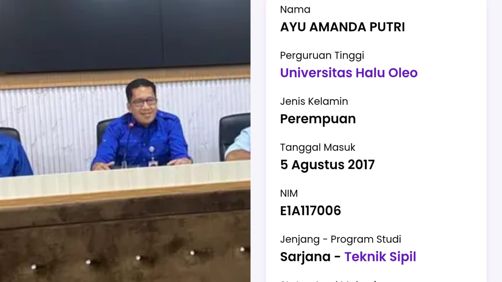 Plt. Rektor UHO, Herman (kiri), saat konferensi pers status data alumni di PDDikti, Selasa (30/12/2025), di Rektorat UHO, dan (kanan) data Ayu Amanda Putri saat di website resmi PDDikti. Foto: ist.