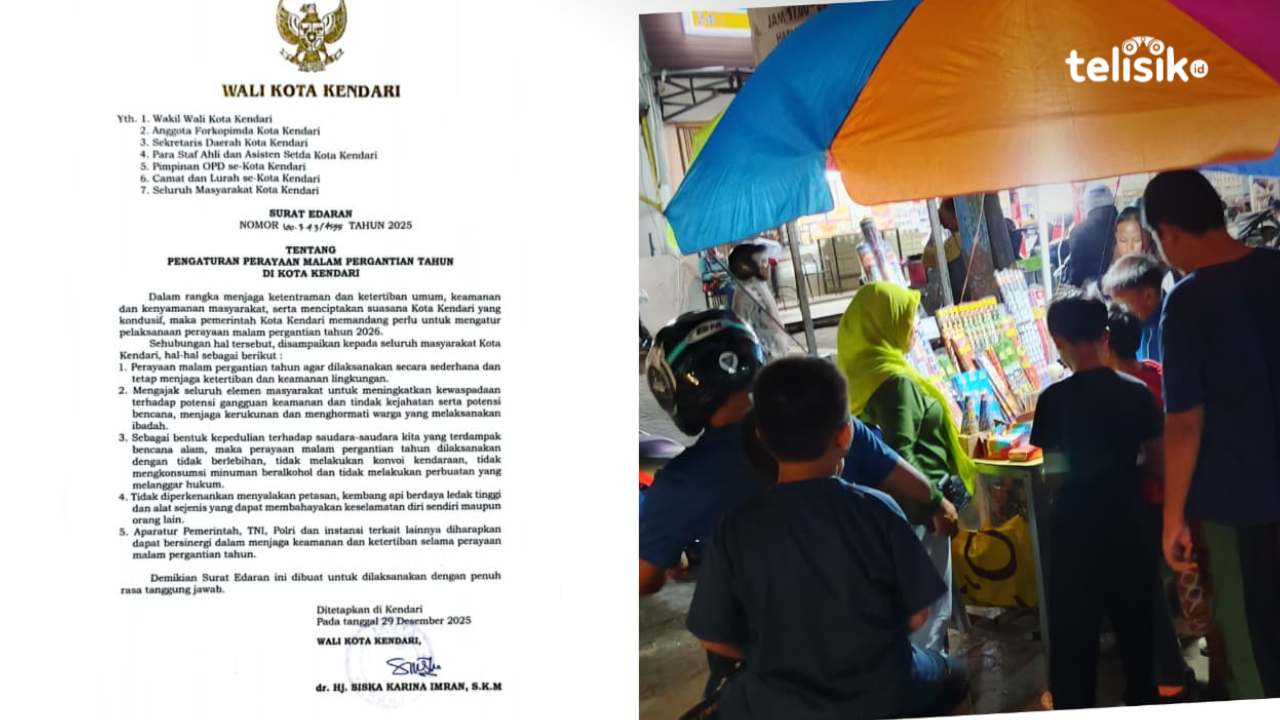 Surat edaran yang dikeluarkan Pemkot Kendari (kiri) dan aktivitas jual beli petasan menjelang malam tahun baru 2026 (kanan). Foto:  Gusti Kahar/Telisik