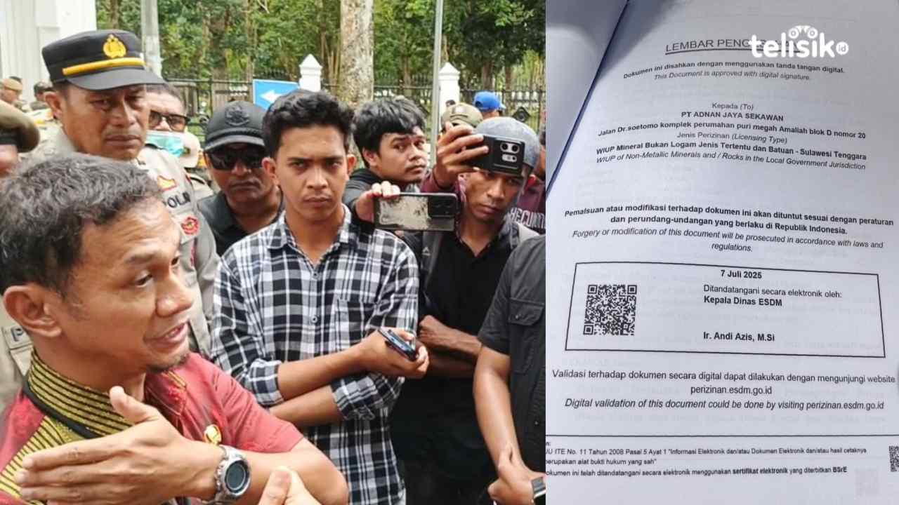 Kepala Bidang Mineral dan Batubara (Minerba) Dinas ESDM Provinsi Sulawesi Tenggara (Sultra), Muhamad Hasbullah Idris (kiri), menjelaskan penerbitan WIUP PT Andan Jaya Sekawan di Pulau Wawonii, Kamis (29/1/2026). Foto: Gusti Kahar/Telisik