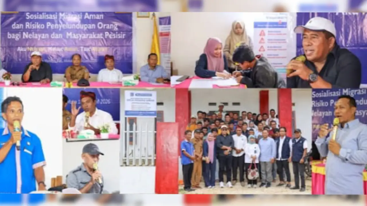 Kadis KP Muna, Akira bersama perwakilan IOM memberikan pemahaman pada masyarakat pesisir terkait dengan migrasi aman. Foto: Ist