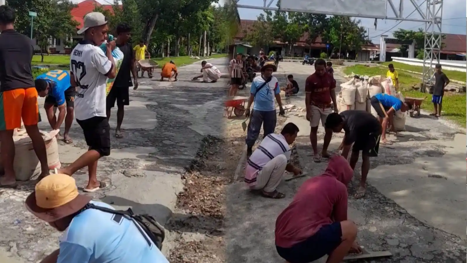 Pemuda Desa Wawotimu, Tomia Timur, Wakatobi bergotong royong menambal lubang jalan di area Pasar Central Usuku. Foto: Ist.