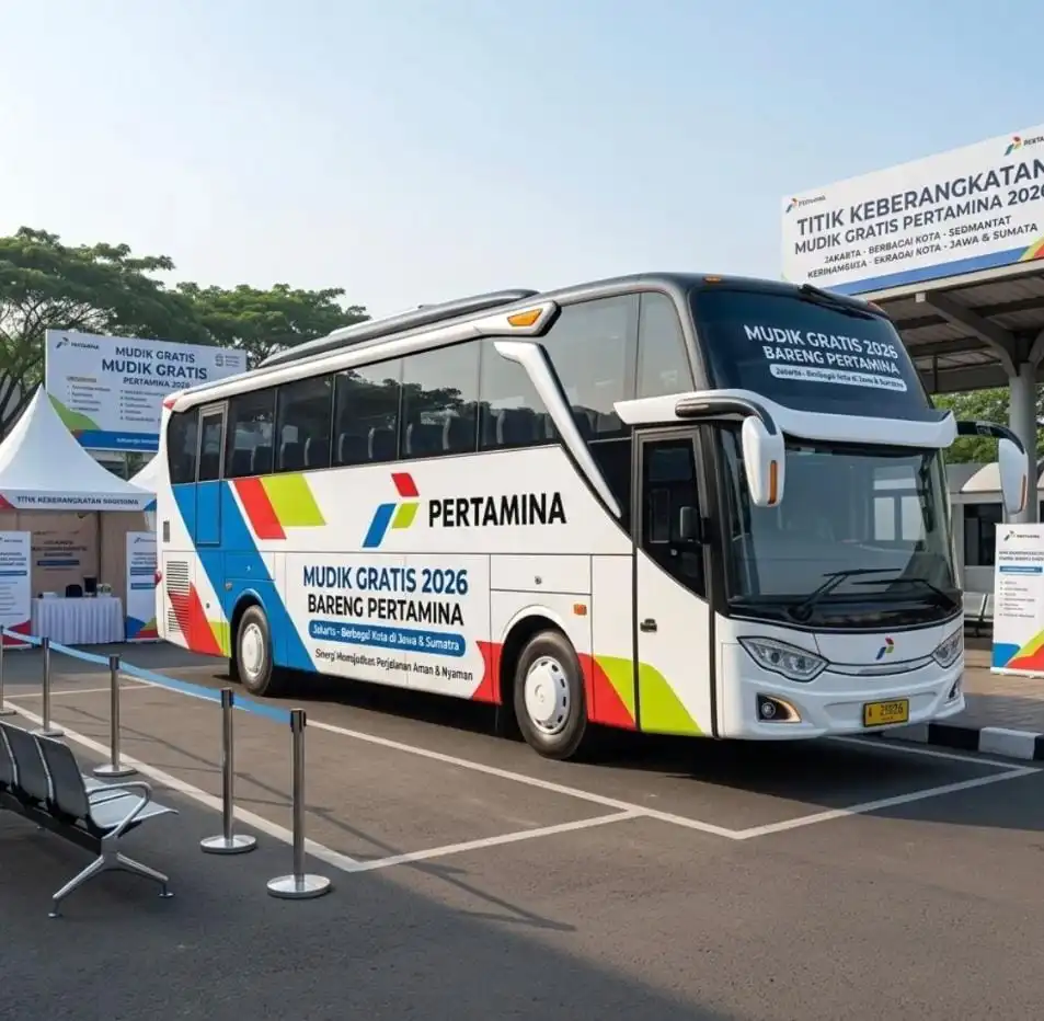 Bus program Mudik Gratis 2026 yang disiapkan oleh Pertamina untuk mengantar masyarakat pulang ke kampung halaman pada momen Ramadan dan Idul Fitri. Foto: moldin.com