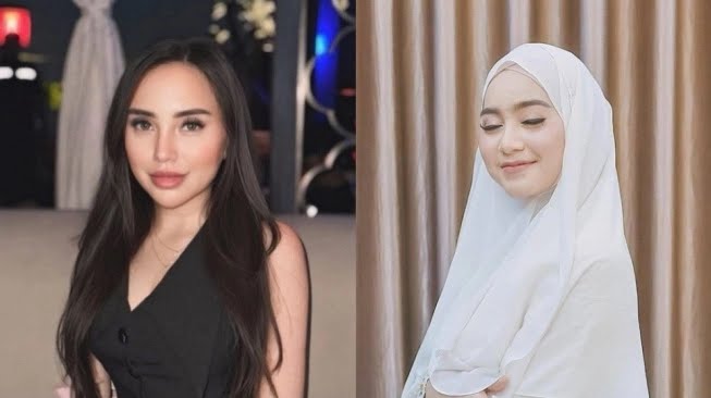 Salmafina Sunan (kiri) tegur istri Taqy Malik, Sherel Thalib (kanan) usai disindir tentang isu legging sebagai hoax media. Foto: Repro Suara.com