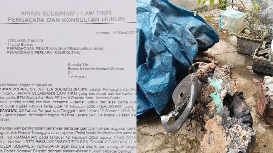 Surat permohonan penarikan dan pengambilalihan penanganan perkara yang diajukan tim kuasa hukum korban kepada Kapolres Konawe Selatan (kiri) serta kondisi sepeda motor milik korban yang diduga dirusak dalam peristiwa tersebut (kanan). Foto: Ist.