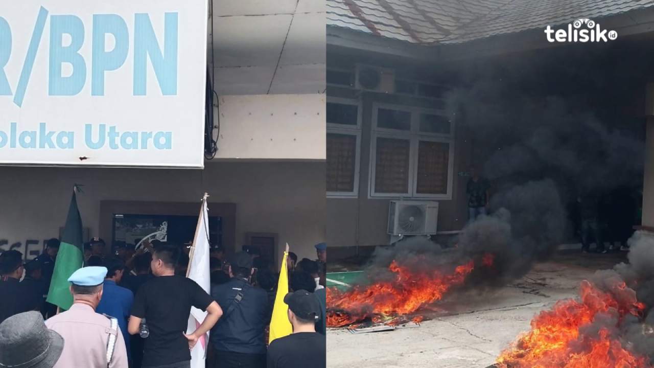 Demo yang berlangsung ricuh oleh aliansi masyarakat, aktivis, dan mahasiswa di depan kantor BPN Kolaka Utara, Senin (13/4/2026). Foto : Muh. Risal H/Telisik