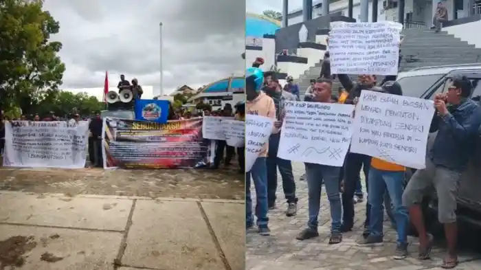 Serikat Buruh Keadilan Bersatu berdemonstrasi di DPRD Sultra, meminta dilibatkan dalam pekerjaan di Pelabuhan Bungkutoko, Rabu (6/4/2026). Foto: Ist.