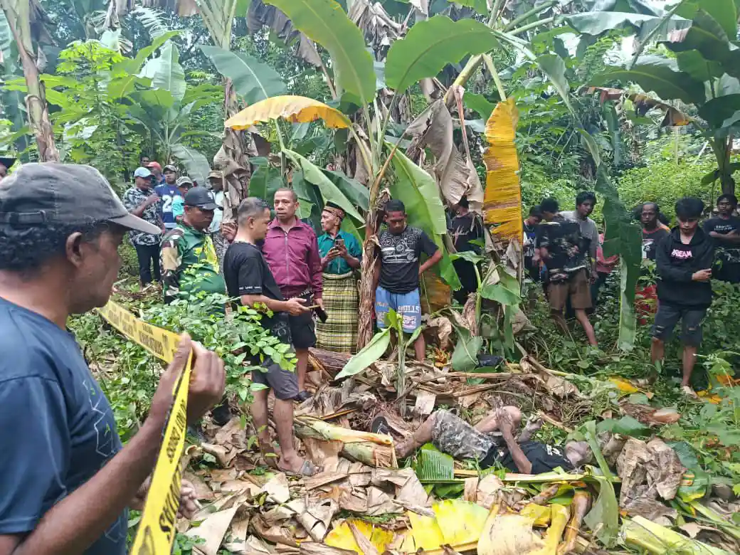 Jenazah warga berinisial U (57) terbaring di lokasi kejadian setelah tertimpa pohon pisang di Desa Awainulu, Kecamatan Pasar Wajo, Kabupaten Buton. Polisi telah memasang garis polisi untuk proses evakuasi dan olah TKP. Foto: Ist.