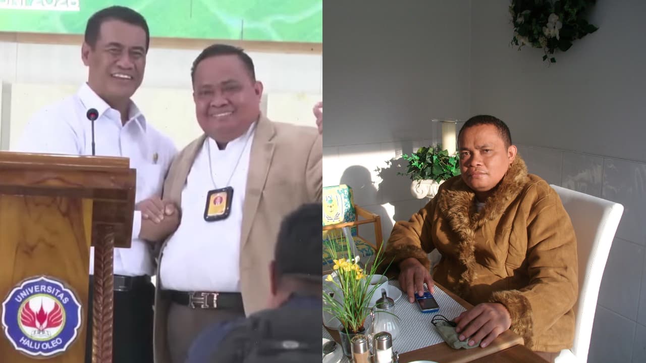 Prof Ruslin memperkenalkan kopi RD di hadapan Menteri Pertanian Andi Amran Sulaiman (kiri) saat kuliah umum di UHO. Foto: Ist.