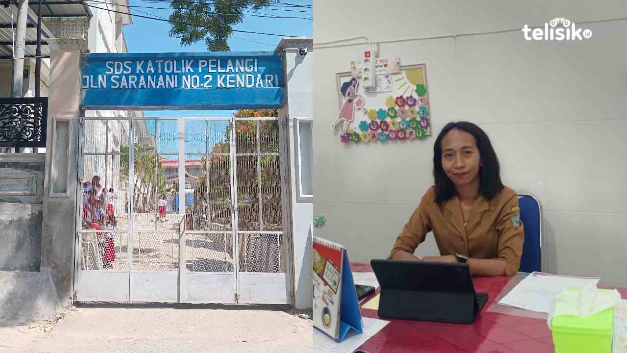 Kepala SD Katolik Pelangi Kendari, Triyustin Gildimaris, saat menjelaskan sejarah dan perkembangan sekolah menjelang HUT ke-48. Foto: Annisa Putri/Telisik