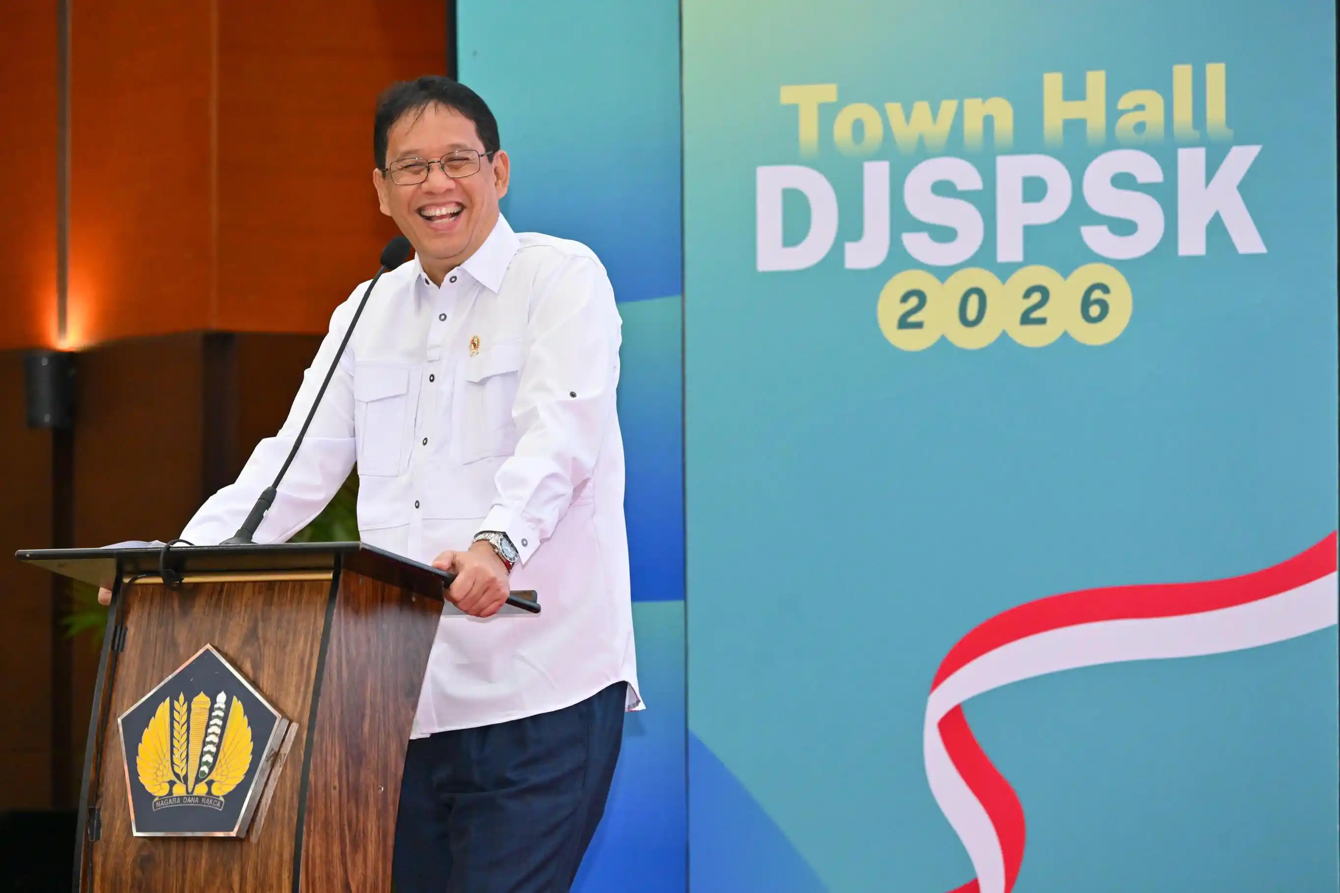 Menteri Keuangan Purbaya Yudhi Sadewa memberikan sambutan dalam acara Town Hall DJSPST 2026. Foto: Instagram@menkeuri