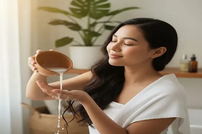 Ilustrasi seorang perempuan menggunakan air beras sebagai bagian dari perawatan rambut untuk membantu menjaga rambut tetap sehat dan kuat. Foto: Halodoc.com