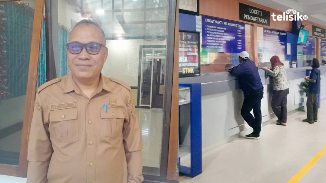 Kepala Bapenda Sultra La Ode Mahbub (kiri) dan antrean pembayaran pajak kendaraan di loket Samsat Kota Kendari (kanan). Foto: Laode Muh. Faisal/Telisik