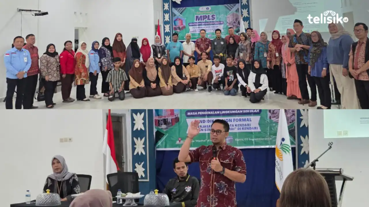 Kepala Sentra Meohai Kendari, Muhamad Gunawan, saat menyampaikan materi dan foto bersama peserta serta panitia dalam kegiatan Masa Pengenalan Lingkungan Sekolah (MPLS) Program Pendidikan Nonformal di Sentra Meohai Kendari, Kamis (3/9/2026). Foto: Ana Prat