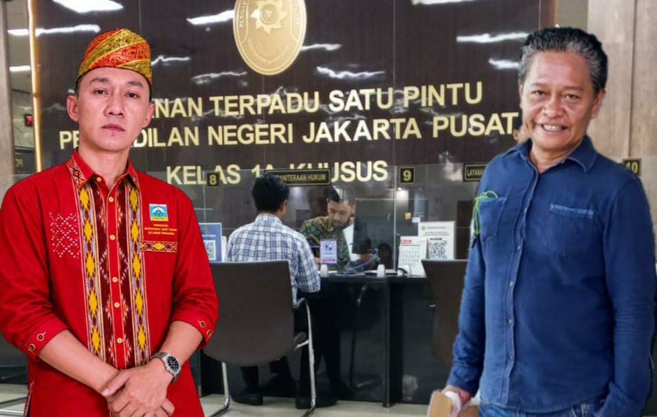 Sekretaris Jenderal Komunitas Masyarakat Adat Tolaki Sultra, Jumran (kiri) kembali menggugat dua kementerian terkait dugaan penyerobotan lahan adat oleh PT SCM di Kecamatan Routa, Konawe. Foto: Ist