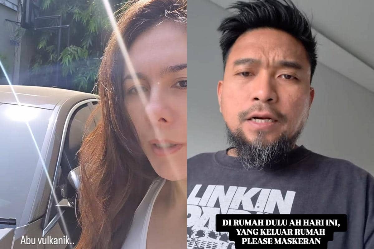 Wulan Guritno (kiri) dan Imam Darto (kanan) memperlihatkan dampak erupsi gunung Anak Krakatau yang menyelimuti kendaraan dan rumahnya. Foto: Repro idntimes.com